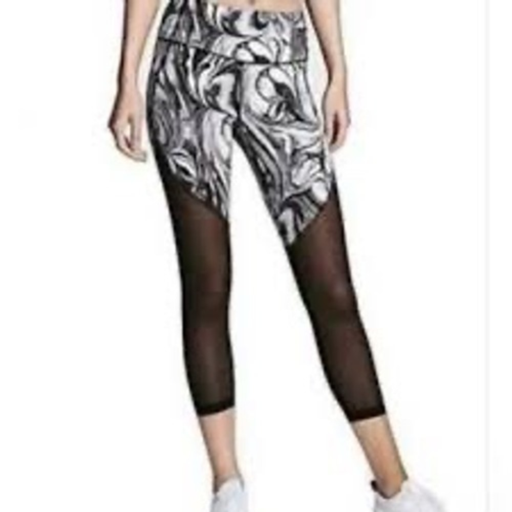 Victoria Sport Knockout Capri Leggings Marble Print Mesh Panel Black White S